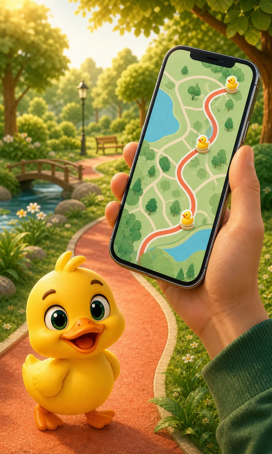 Eine Hand hält ein Handy mit drei Entenfundorten; davor steht eine süße 3D-Ente